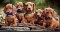 a group of dachshund puppies sitting on a log